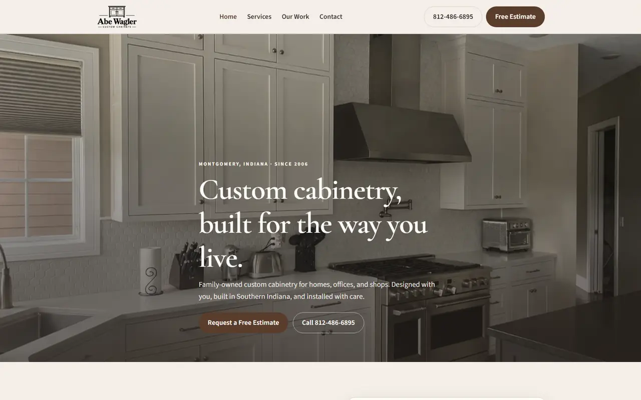Homepage screenshot of Abe Wagler Custom Cabinets